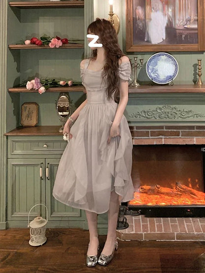 lovwvol French Elegant Fairy Midi Dress Office Lady One Piece Dress Korean Fashion 2024 Summer Pure Color Sweet Even Party Dress Woman