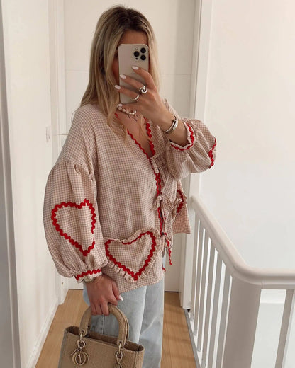 lovwvol Vintage Women Loose Heart Pockets Shirts 2024 Fashion Ladies Casual V Neck Bow Buttons Blouses for Female Chic Tops Clothes