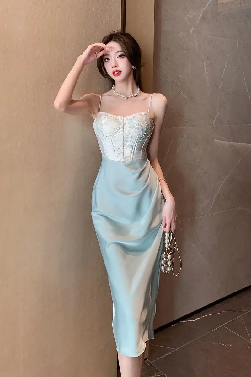 Sexy Backless Midi Dresses for Women Summer Elegant Party Prom Suspender Female Clothes Vestidos Satin Embroidery Evening Dress