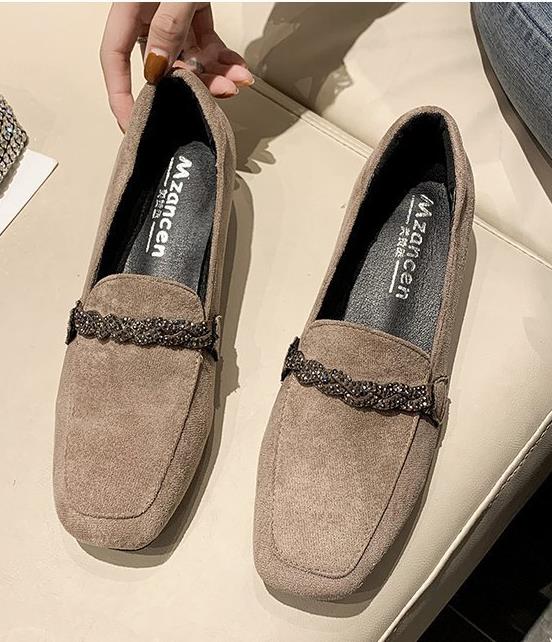 Autumn Winter Women Loafers Low Heels Boat Shoes Square Toe Dress Shoes Chain Faux Suede Plush Warm Ladies Shoes Plus Size