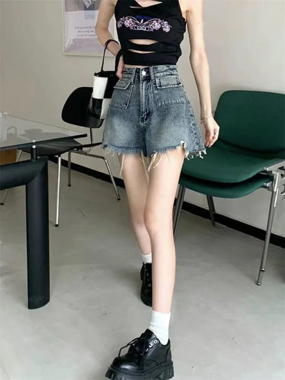 lovwvol Women's High Waisted A-line Raw Edge Denim Shorts Street Young Girl High Waisted Sexy Hot Pants Casual Female Mini Trousers