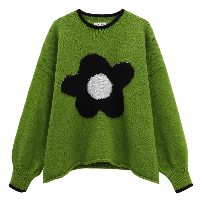 lovwvol Flower Knitted Sweater Female Pull Femme Autumn Contrast Color Womens Clothing Loose Round Neck Long Sleeve Y2k Top