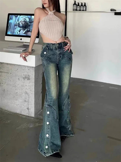 lovwvol Women's Side Button Slit Design Micro Horn Jeans Street Style Trousers Young Girl Bottoms Female High Waisted Blue Denim Pants