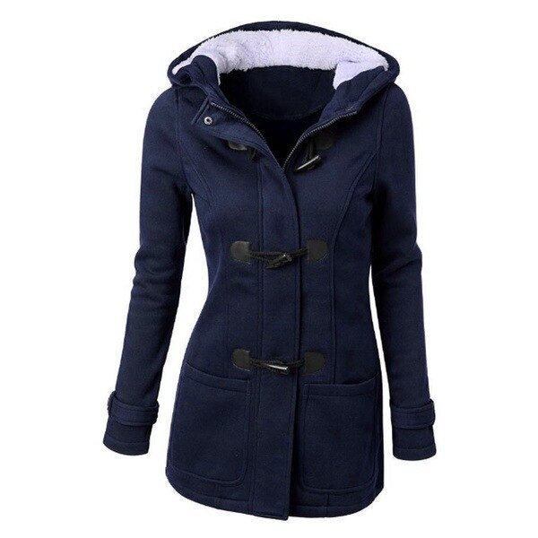 Hooded Cotton Blend Classic Horn Leather Buckle Coat Jacket Cotton Coat Women