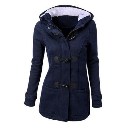 Hooded Cotton Blend Classic Horn Leather Buckle Coat Jacket Cotton Coat Women