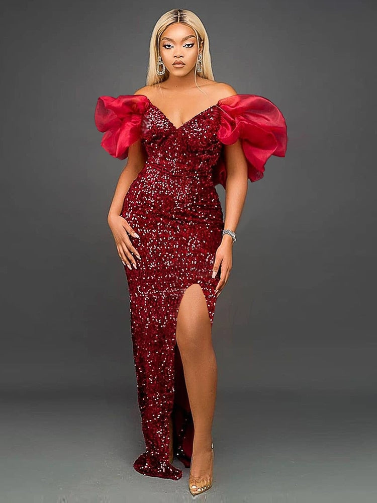 Red Sequins Dresses Cold Shoulder Velvet Short Flare Sleeve Luxury Evening Party Gowns High Slit Cocktail Event Outfits for Lady