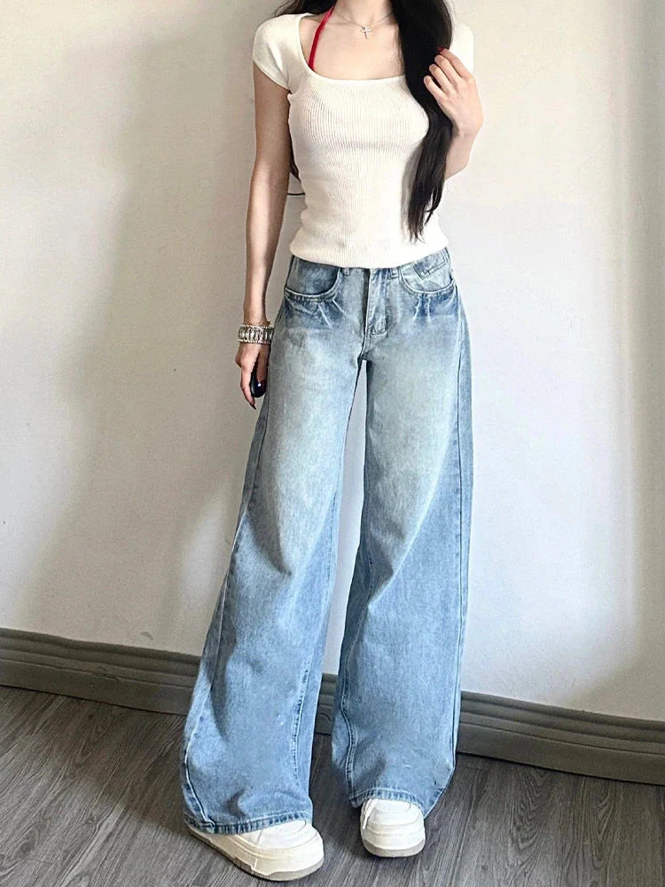 lovwvol Women's Fashionable High Waisted Wide Leg Thin Jeans Sweet Girl Simple Bottoms Vintage Baggy Trousers Female Denim Straight Pant