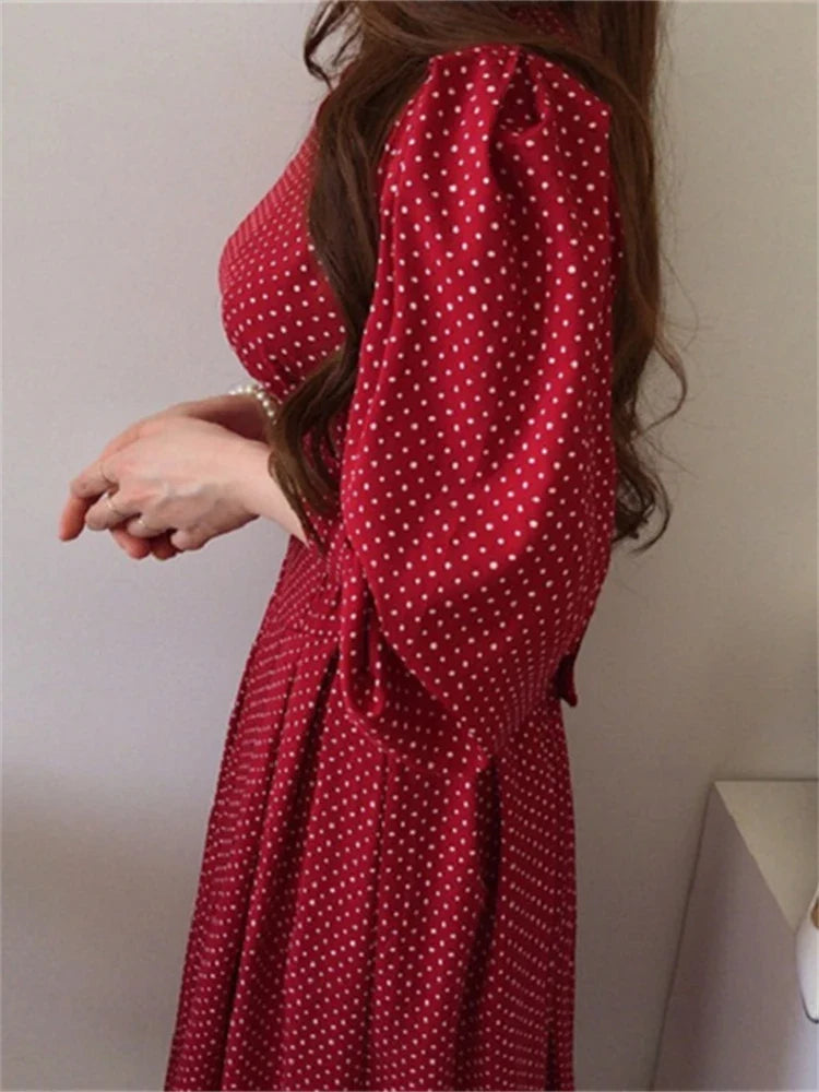 Spring Women Fashion French Vintage Maxi Dress One Piece Ladies Dot Print Vestdios Femme Porm Dress