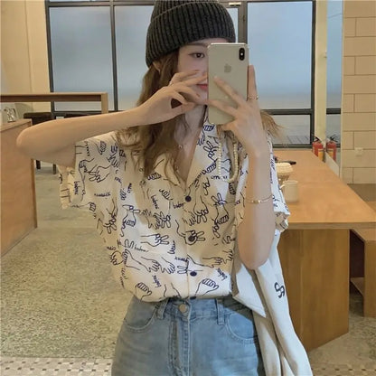 lovwvol Japanese Graphic Blouses Women Oversize Hippie Hawaiian Shirts Kawaii Harajuku Fashion Cute Tops Casual Summer Cardigan