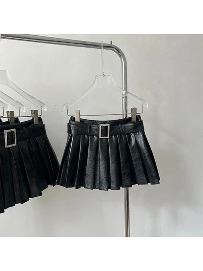 lovwvolSexy Black Leather A-Line Skirt With Belt Women PU High Waist Baggy Short Pleated Skirt Punk Vintage  Y2K Streetwear Gothic