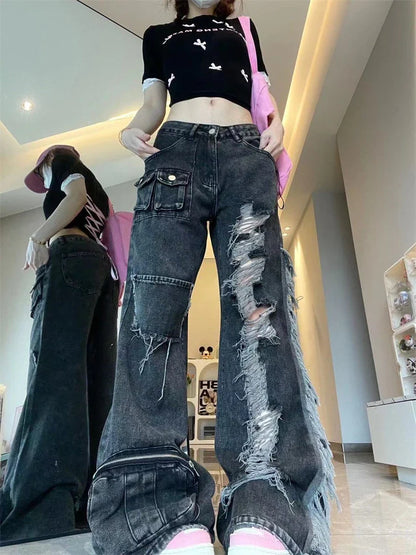 lovwvol Women's Retro Distressed Style Black Gray Jeans Summer Street Denim Trousers Young Girl Bottoms Female High Waisted Pants