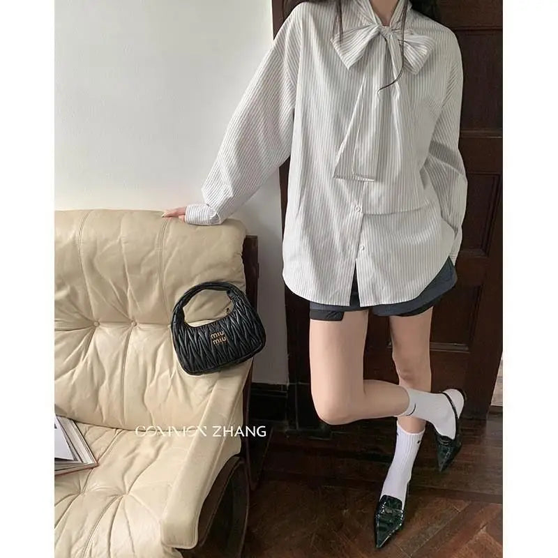 lovwvol Vintage Striped Blouses with Bow Women Elegant French Style Long Sleeve Shirts Sweet Preppy Office Look Korean Fashion