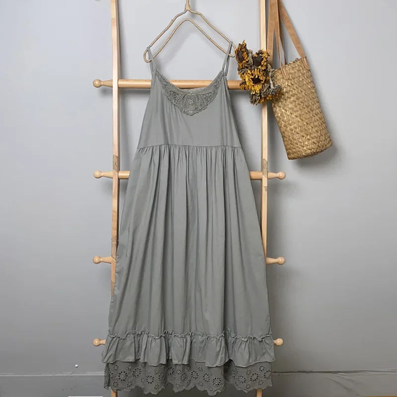 Summer Cotton Spaghetti Straps Sleeveless Midi Dress Mori Girl Elegant Vintage Edwardian Lace Layered Flare White Sun Dress