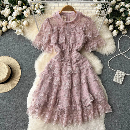 lovwvol New Summer Pink Lace Embroidery Mini Dress Female Short Sleeve High Waist Ruffles Elegant Runway Cascading Vestidos