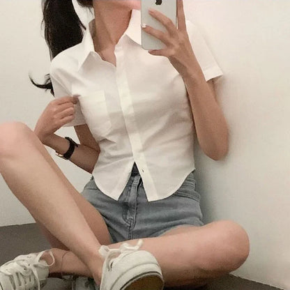 lovwvol Women Blouses Basic White Shirts Preppy Style Cropped Short Sleeve Tops Female Slim Office Wear Korean Fashion Casual