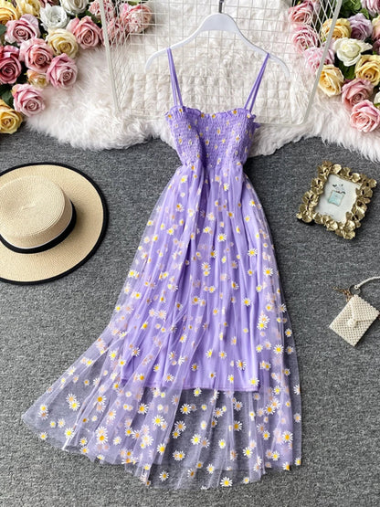 lovwvol   Summer Beach Mesh Floral Dress Women Vintage Elegant Sexy Beach Sundress Woman Party Night Korean Kawaii Vestidos