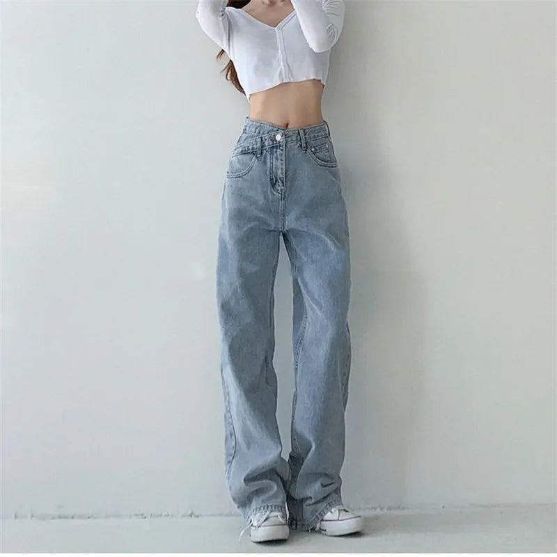 lovwvol Women's Crossover Design Thin Jeans Summer Girl Pants Vintage Street Style Bottoms Female High Waisted Baggy Denim Trousers