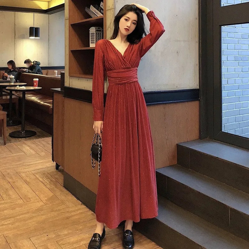 lovwvol Vintage Sexy Maxi Dresses for Women Party Sequin Midi Dress Female Casual Chiffon Slim Korean Woman Dress Elegant Autumn