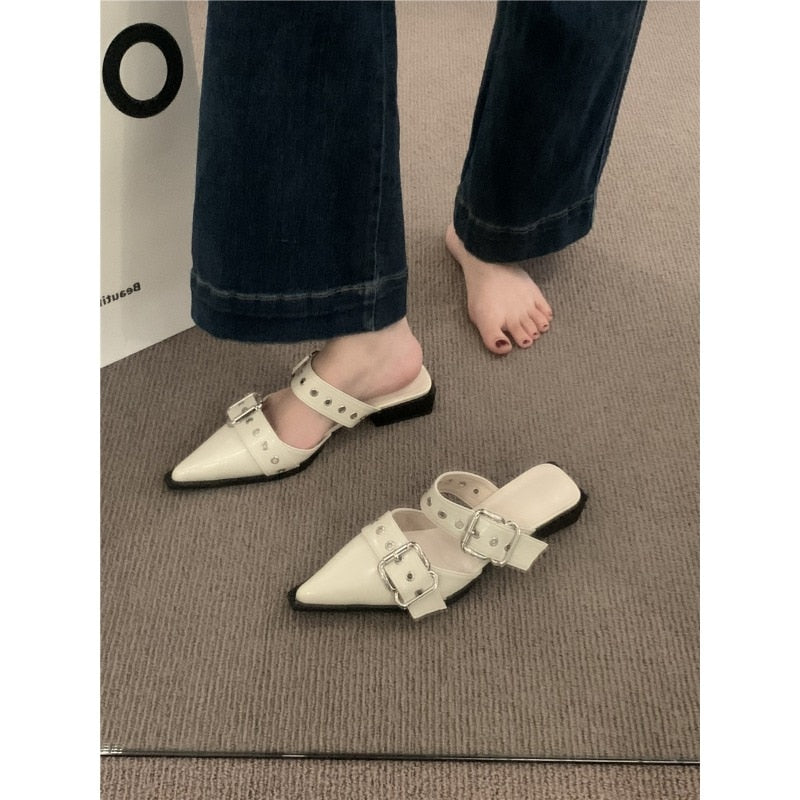 Punk Gothic Metal Buckle Low Heels Sandals Women 2023 New Pointed Toe Thick Heeled Summer Slippers Woman Platform Muller Shoes