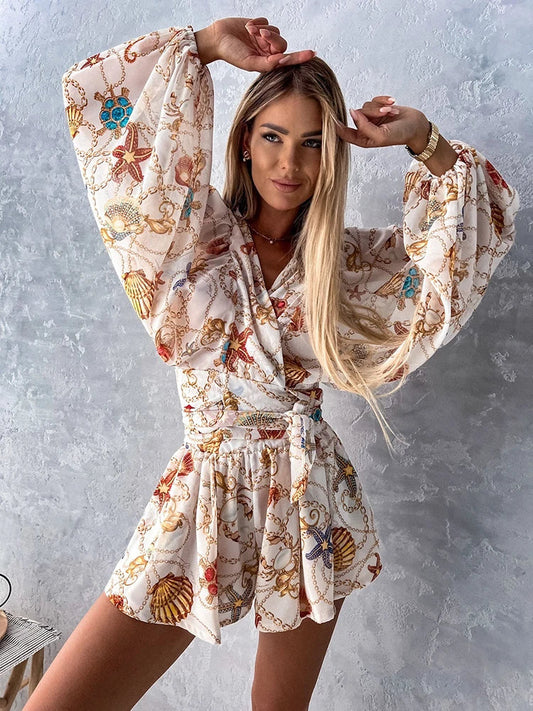 lovwvol  -  Sexy Deep V Neck Jumpsuit For Women Summer Casual Boho Beach Vacation Outfit Female Fashion Print Lantern Sleeve Rompers Shorts