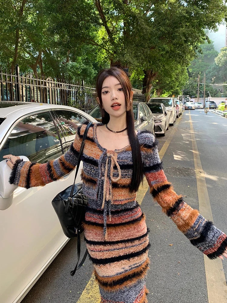 Autumn New Streetwear Lace Up Sexy Long-sleeved Cardigan Women + Contrast Color Striped Knit Sling Dress Two-piece Suit