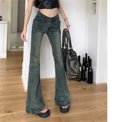 lovwvol Women's Vintage Street Style Micro Flared Pants Summer American Girl Casual Thin Trousers Female Sexy Denim Bell Bottom Jeans