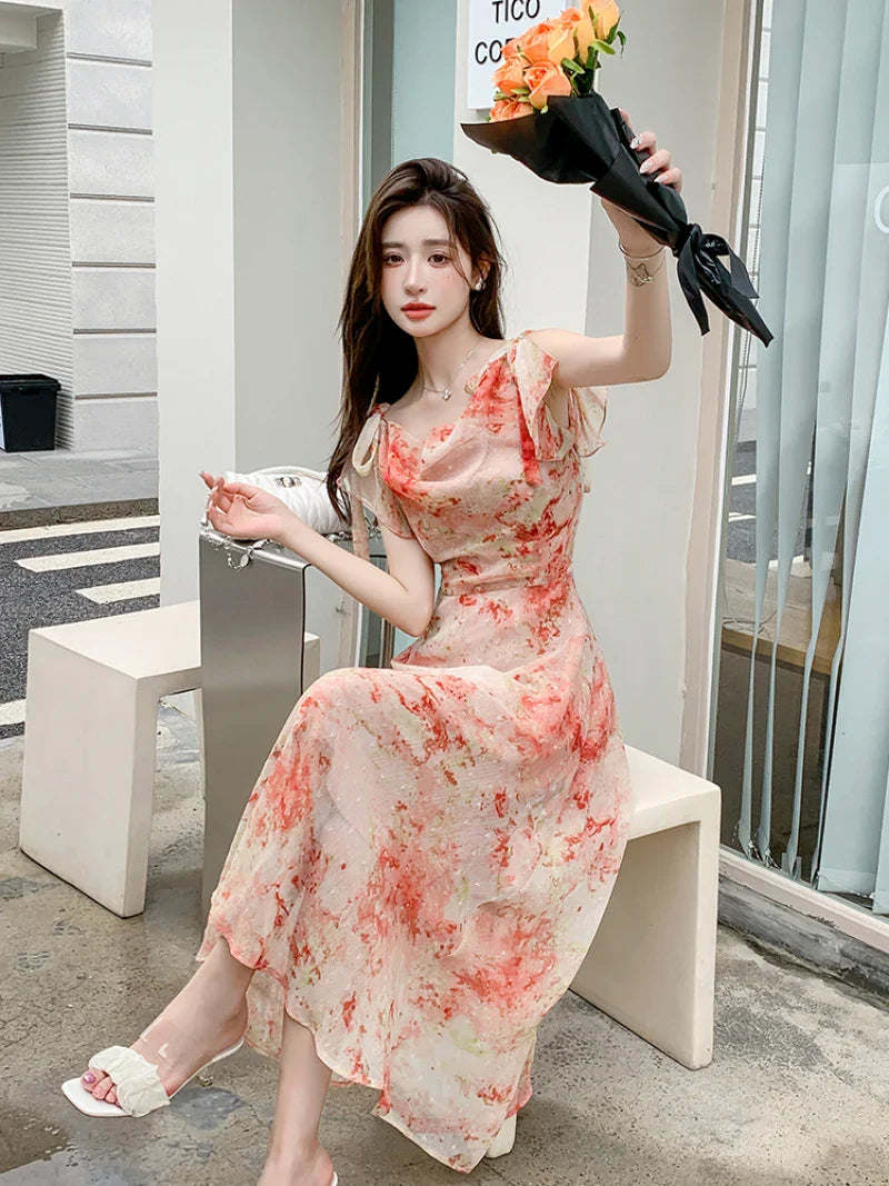 French Floral Suspender Chiffon Dress Seaside Holiday Beach Long Dress Summer Fairy Temperament Korean  Women's New Chic