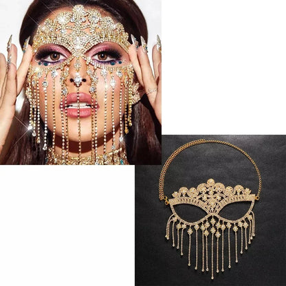 Indian Tassel Veil Mask for Face Women Rhinestone Face Masks Masquerade Dance Party Banquet Decoration Face Accessories Jewelry