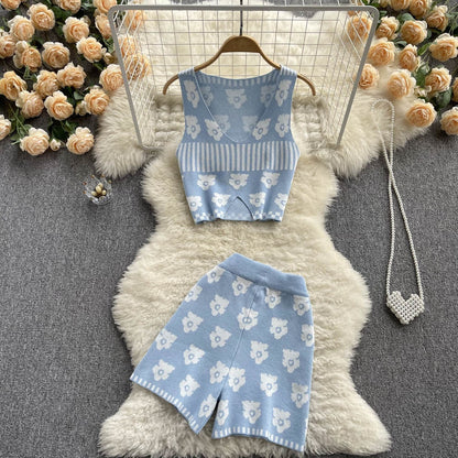 Summer Sweet Flowers Knitted Two Piece Set Women Sexy Crop Top + Shorts Suits Girls Short Vest & Pants Sets 2pcs Women Outfits