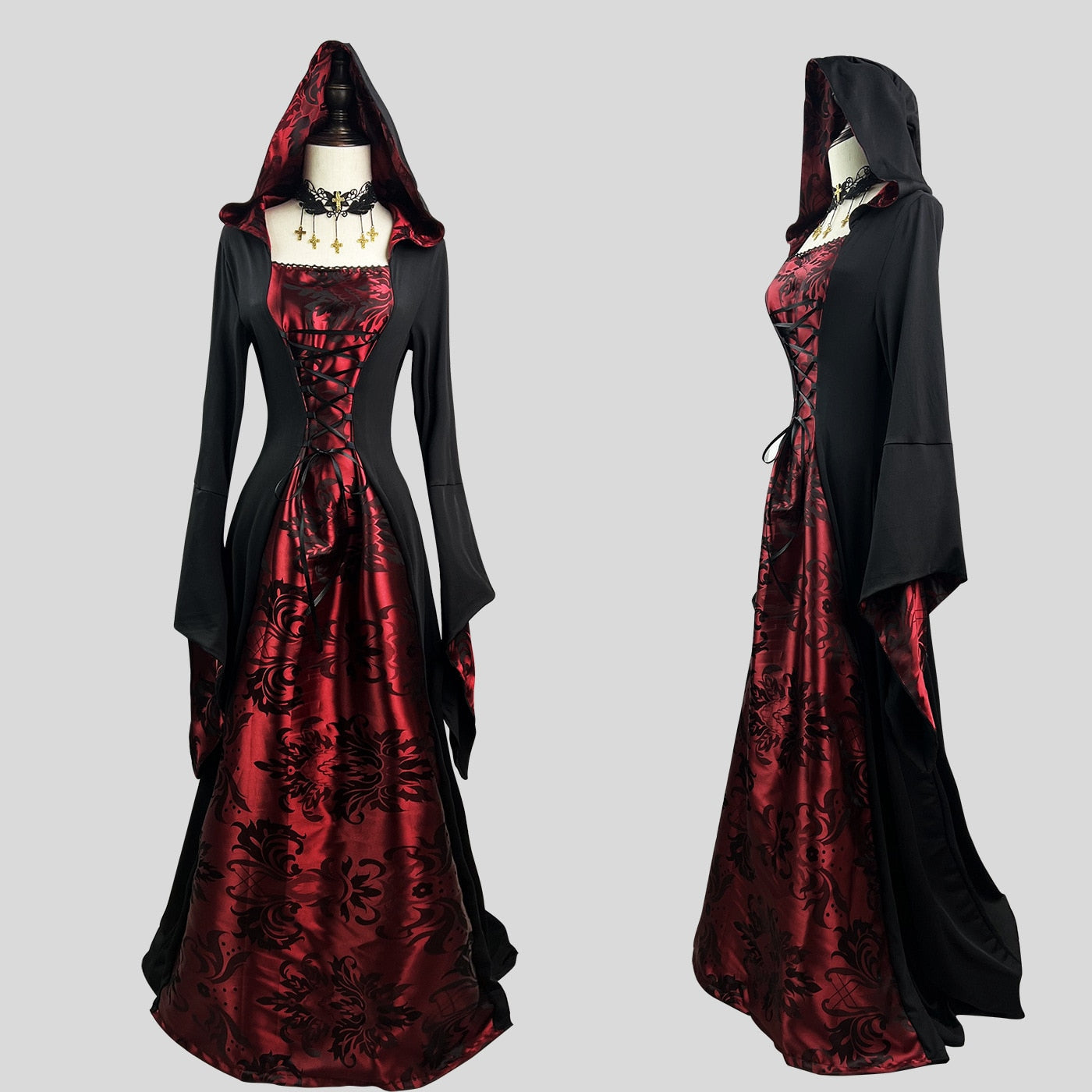 Black Red Long Robe Halloween Carnival Party Cosplay Cloak Vampire Role-playing Costume Ball Wizards Women Hooded Square Collar