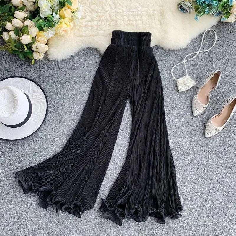 Women Flare Pants Loose Gauze Elastic High Waist Ruffle Chiffon Ladies Trousers Fashion Black White Summer Female Pants New