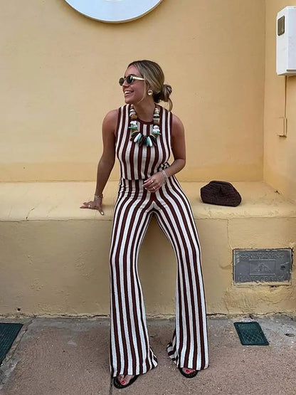 lovwvol Fashion Stripe Printed Slim Top Pants Suit Women Elegant O Neck Sleeveless Tops High Waist Pants Set 2024 New Lady Street Outfit