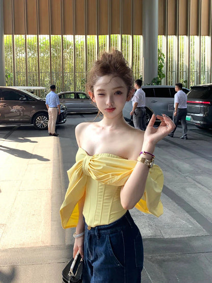 lovwvol Pure Color French Elegant Tank Tops Women Sexy Slim Off-shoulder Y2k Crop Tops Summer Korean Fashion Bow Designer Chic Shirt New