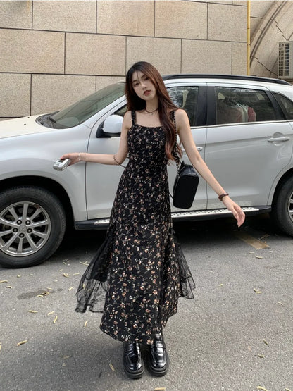 lovwvol   Y2k Vintage Black Mesh Dress Women Korean Reviews Many Dresses Fairy Floral Summer One Piece Midi Slip Chiffon Vestidos