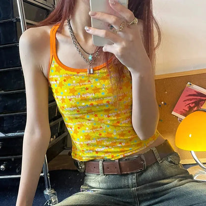 lovwvol Summer New Casual Y2K Yellow Halter Vintage Star Short T-Shirt Sleevle Crop U-neck Halter Top Women Clothes Shirt Camis 2000s