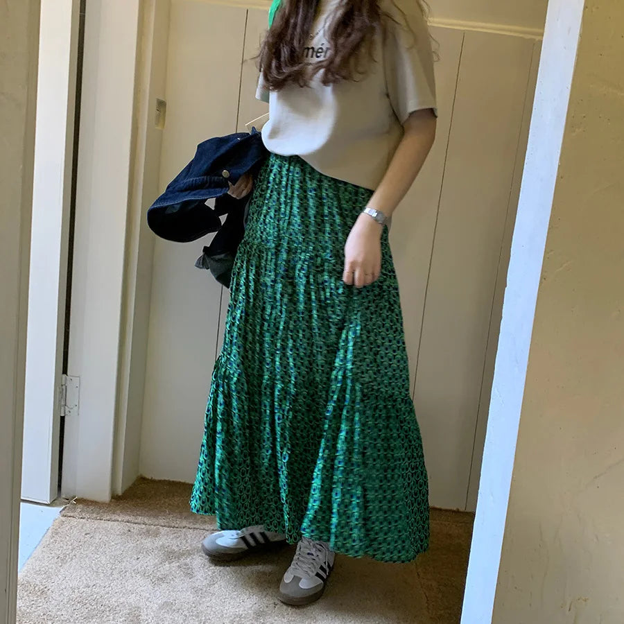 lovwvol Green Floral Skirts for Women New Style Elastic Waist Skirt Fold Design Long Dress Vintage Fashion Faldas Para Mujeres