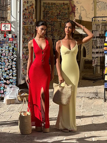 lovwvol Sexy Deep V-neck Women Hollow Out Knit Dress Fashion Sleeveless Split Bodycon Maxi Dress 2024 Summer Lady Solid Beach Party Robe