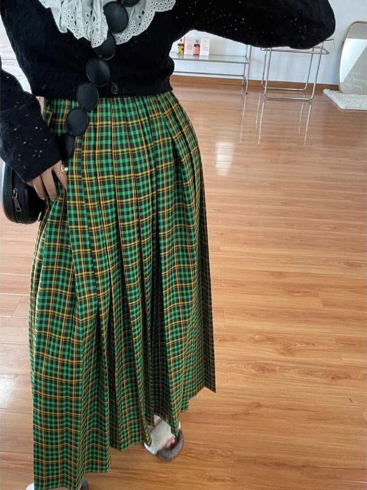 lovwvol Large Vintage Plaid Skirts for Woman Autumn New Design Pleated Skirt Korean Fashion Faldas Long Elastic Waist Skirts