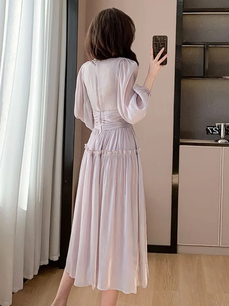 French Women Designer Fashion Organza Stand Collar Party Dress Luxury Spring Diamonds Tassel Ruffles Puff Sleeve Slim Midi Dress