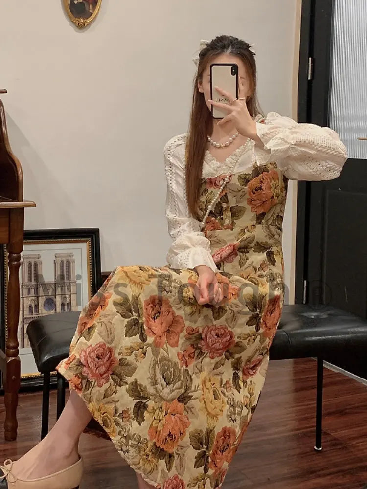 lovwvol Print Retro Elegant Fairy Dress Women Lace Korean Style Evening Party Midi Dress French Vintage Floral Dress Female Summer