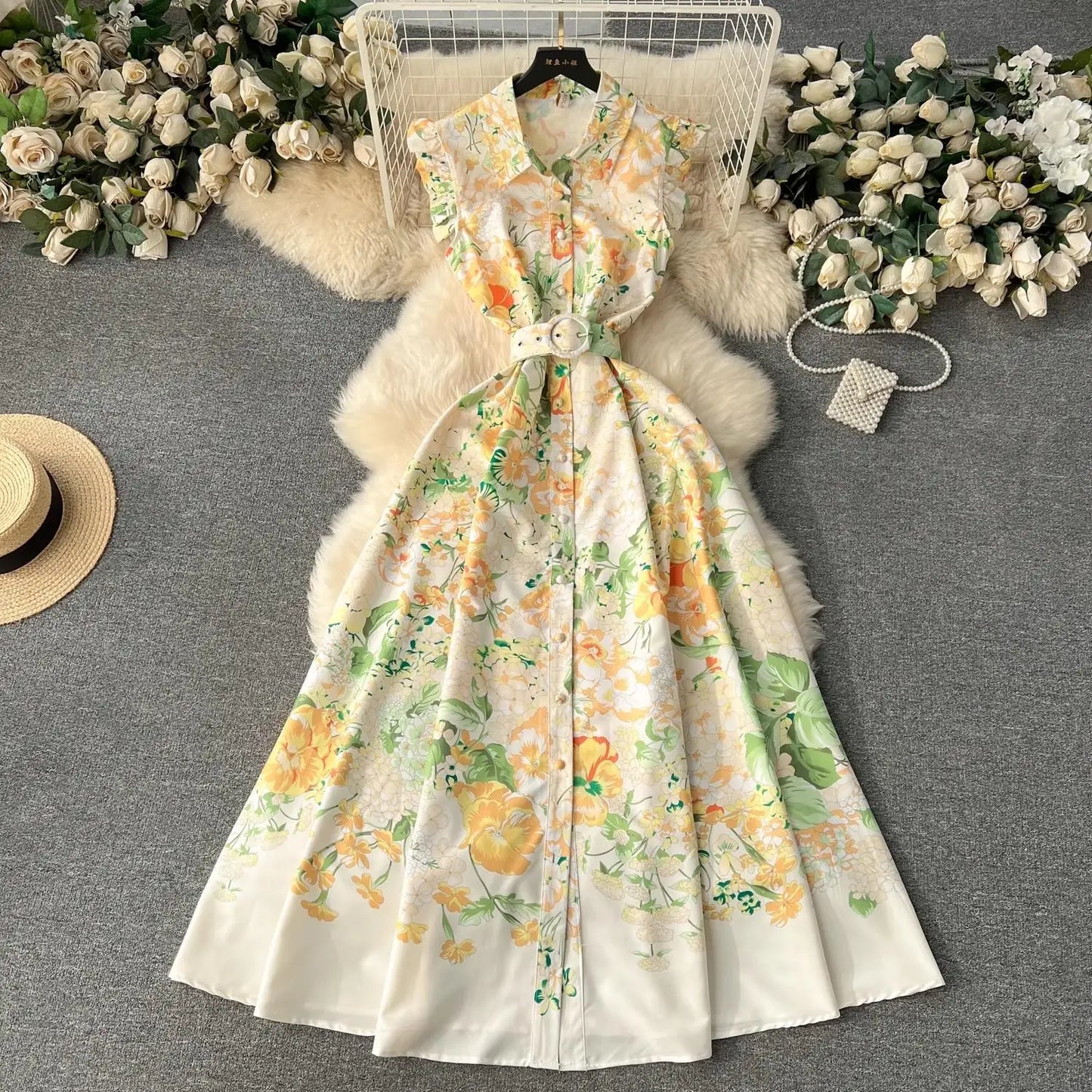 lovwvol New Fashion 2024 Summer Holiday Long Dress Women's Gorgeous Sleeveless Turn Down Neck Floral Print Belt Robe Beach Vestidos