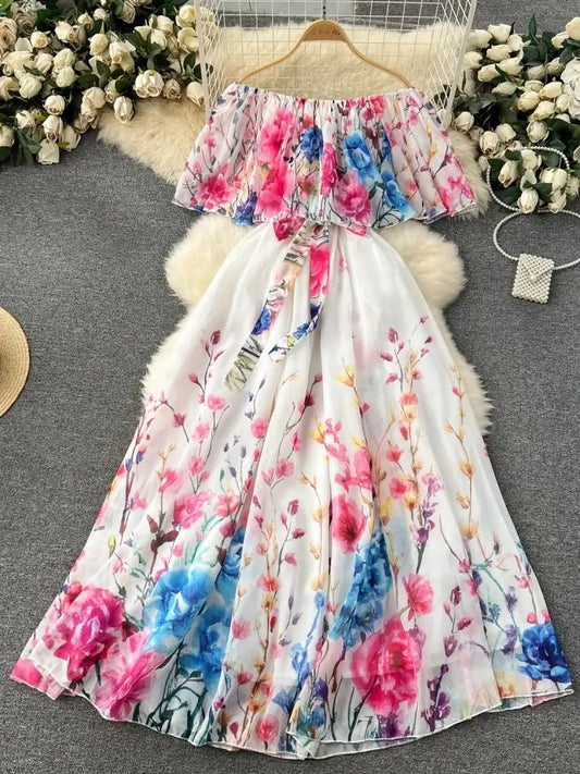 Summer Gorgeous Flower Chiffon Holiday Dress Women's Sexy Off The Shoulder Flower Print Elastic Waist Pleated Maxi Robe