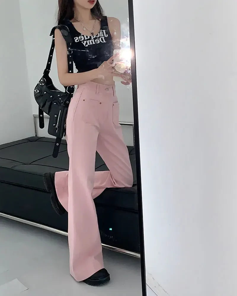 lovwvol With Pockets Pants for Woman Pink Women's Jeans High Waist Shot Flared Bell Bottom Straight Leg Flare Trousers 2000s Y2k Vibrant