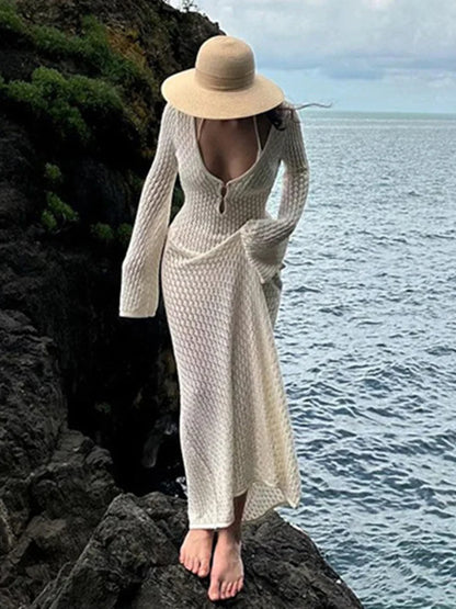 lovwvol - Long Sleeve See Through Backless Mini Dress Women Summer  Holiday Drawstring Bodycon  Beach Vacation Sexy Dresses