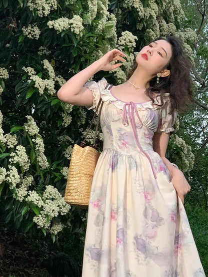 lovwvol French Printing Long Dress Women Bandage Short Puff Sleeve Dress Summer Bodycon Prom Party High Waist Vintage Dresses Woman