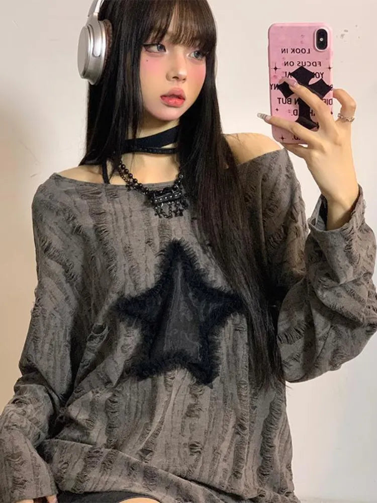 Grunge Hole T-shirt Women Fashion Star Print Y2k Aesthetic Loose Tees Kpop Fairycore Ripped Tshirt Harajuku Gothic Streetwear