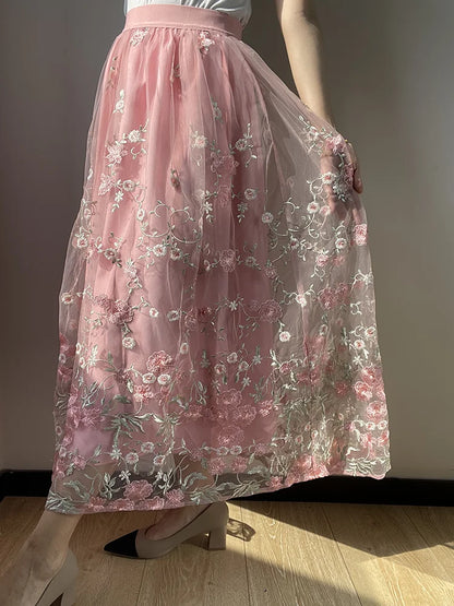 lovwvol   Bouquet Embroidered Long Skirt High Quality Pink Vintage Big Hem Floral Skirt Luxurious Fairy Style Women's Clothes