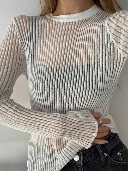 lovwvol Ribbed See-Through Knit Pullover Female Hollow Out Slim Solid Long Sleeve Top Sheer Casual Knitwear Ladies Pullover Summer