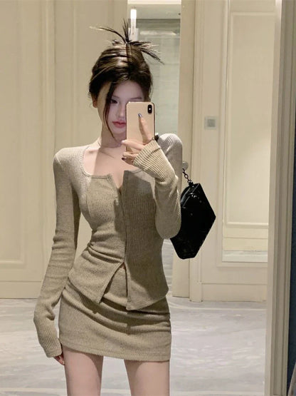 lovwvol Sexy 2 Piece Dress Set Elegan Casual Long Sleeve Knitted Suits Y2k Crop Tops + Bodycon High Waist Mini Skirt Korean  Autumn