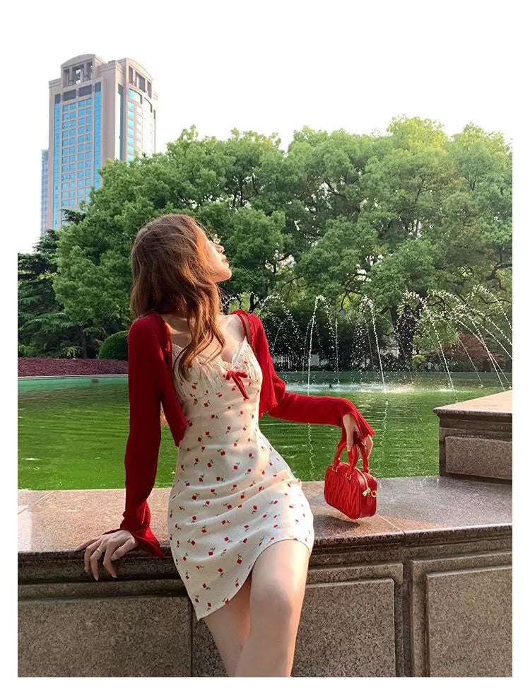 Sweet 2 Piece Dress Set Woman Red Long Sleeve Cardigan + Strap Floral Y2k Mini Dress Party Korean Fashion Suit Spring